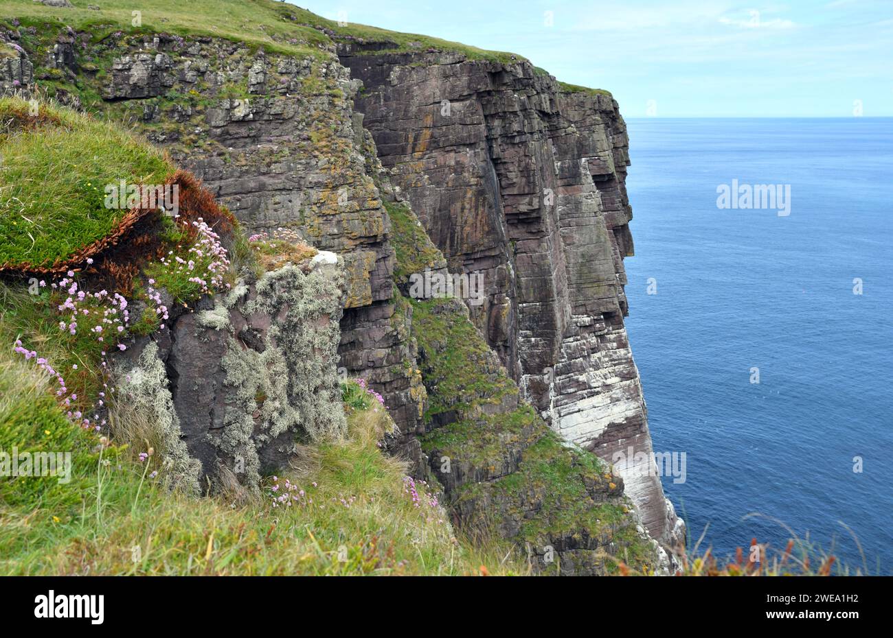 Landschaft mit Klippen und Meeresstapeln auf Handa Island vor der nordwestlichen Küste Schottlands Stockfoto