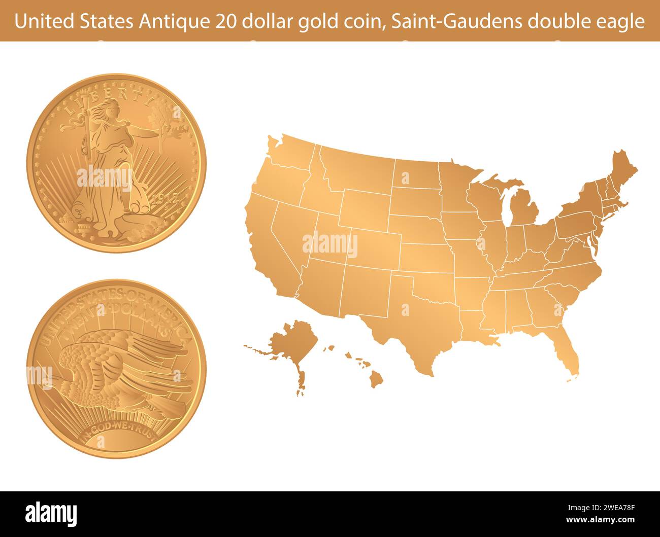 Vereinigte Staaten Goldmünze Saint-Gaudens Doppeladler. Antike 20 Dollar Doppel-Adler-Goldmünze. Vektorabbildung isoliert auf dem Hintergrund einer Karte Stock Vektor