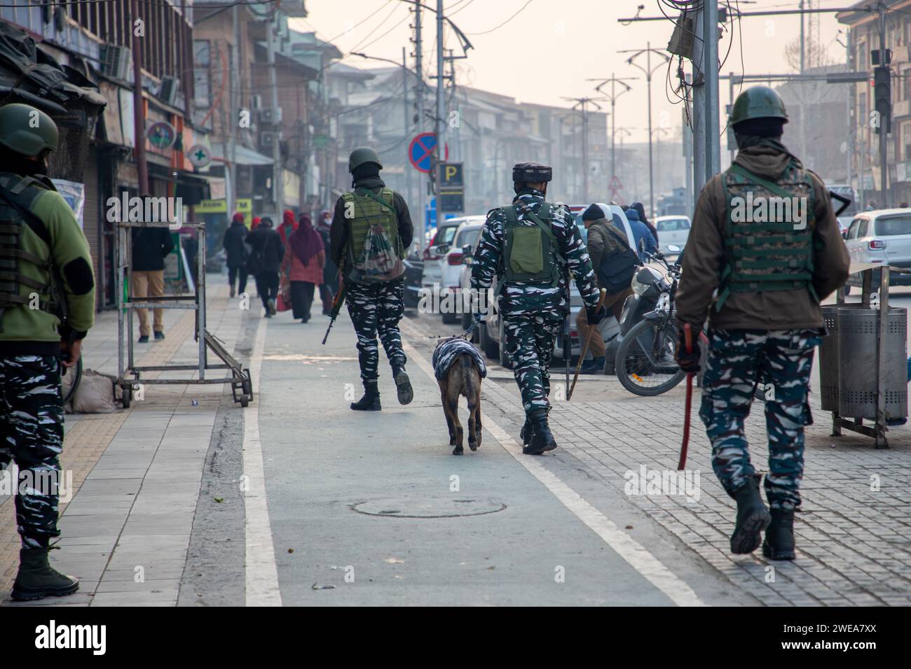 Indische paramilitärische Truppen patrouillieren zusammen mit einem Schnüffelhund vor dem Indischen Tag der Republik durch die Straßen. Die indischen Behörden im Kaschmir-Tal haben die Sicherheitsmaßnahmen verstärkt, um störende Aktivitäten im Vorfeld der Feierlichkeiten zum Tag der Republik am 26. Januar zu unterbinden. Mit Drohnen und hochauflösenden CCTV-Kameras, die Bewegungen in Echtzeit überwachen, wurden die Fahrzeugfetzen und Inspektionen verstärkt. Der Tag der Republik feiert den Jahrestag der Verabschiedung der indischen Verfassung am 26. Januar 1950. (Foto: Faisal Bashir/SOPA Images/SIPA USA) Stockfoto