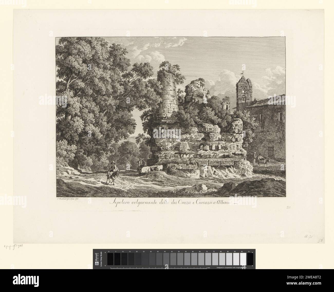 Graven van de Horace en Curiatii You Albano, Christian Reinhart, 1795 Printdrucker: Romepublisher: Neurenberg Papier Radieren / Gravieren Landschaften. Landschaft mit Denkmal. Die Curiatii, drei Brüder aus Alba Longa. Die Horatii, drei Brüder aus Rom Albano Stockfoto