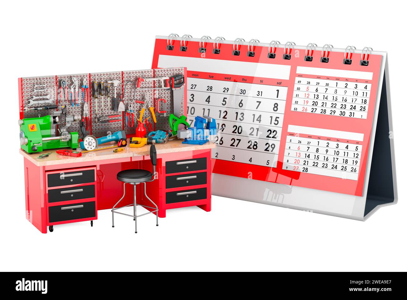 Tischkalender mit Wartungs-Arbeitstisch voller Bauwerkzeuge. Planung von Wartungs- und Reparaturarbeiten, 3D-Rendering isoliert auf weiß Stockfoto