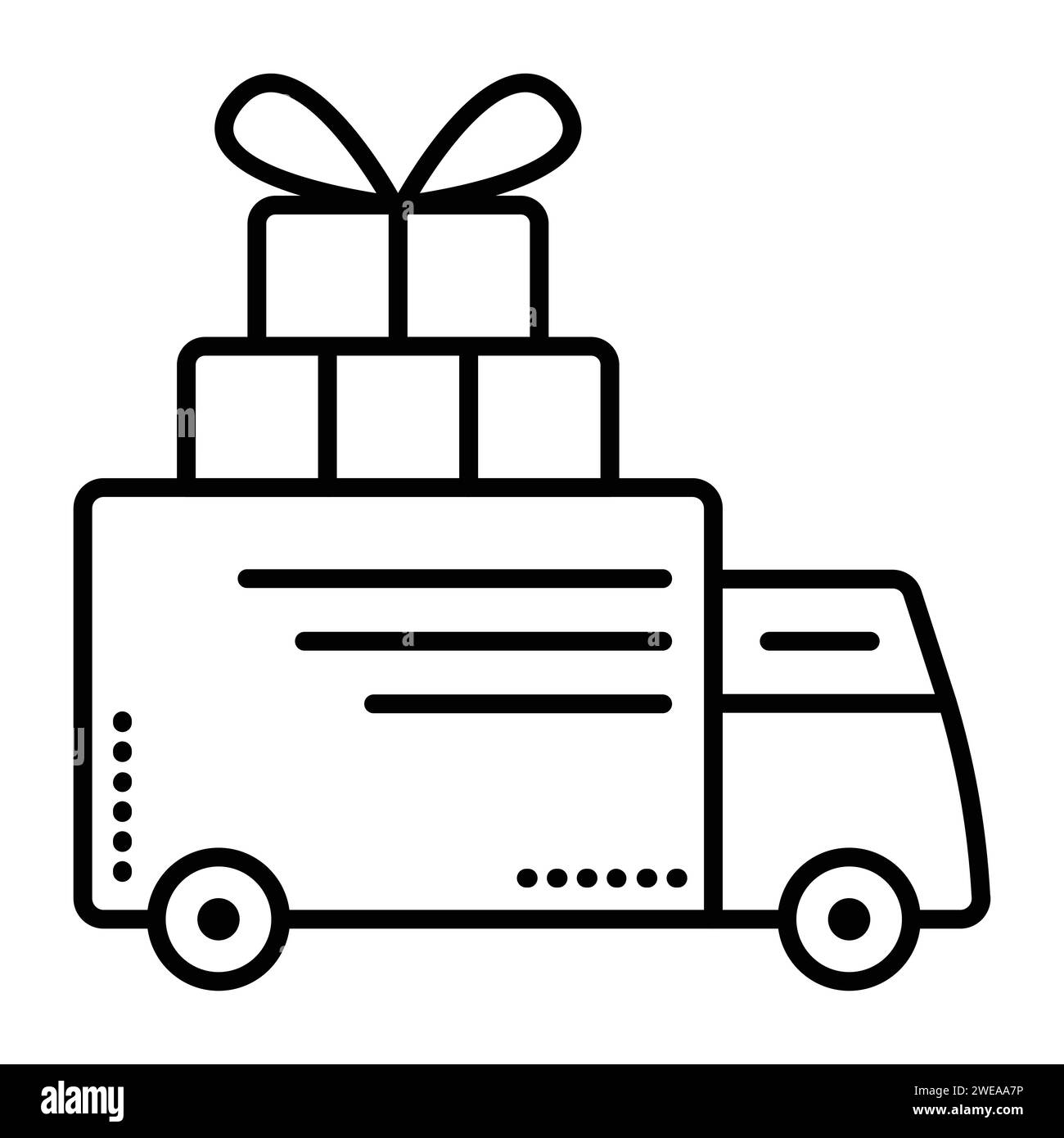 Lieferung im großen Lkw, großer Wagen mit Fracht, Transport von Paketen, Kisten, Geschenken, Paketen, Post. Einzelne schwarze Linie Vektorsymbol, minimales Illustrat Stock Vektor