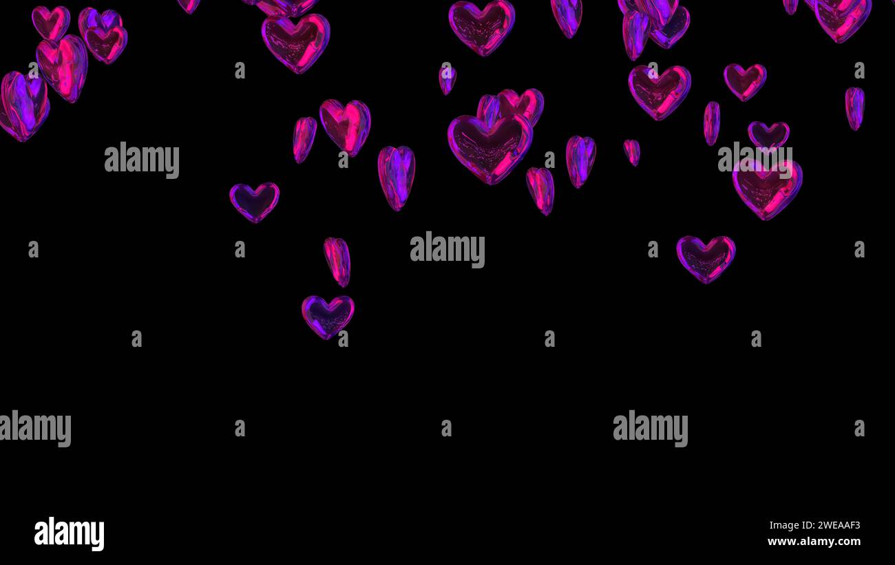 Herzdiamanten fallen und drehen sich auf schwarzem Hintergrund mit Licht. Valentinstag, Muttertag oder Hochzeitsveranstaltungen wunderschönes Herz. Liebe und Romantik Co Stockfoto