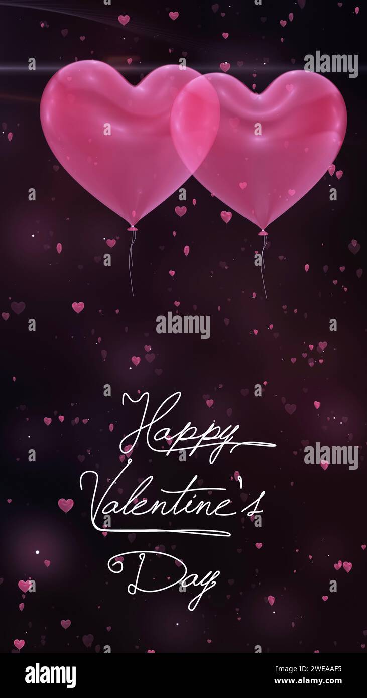 Valentinstag-Begrüßung. Liebeskonzept mit Herzballons auf kleinem Herzhintergrund. Stockfoto