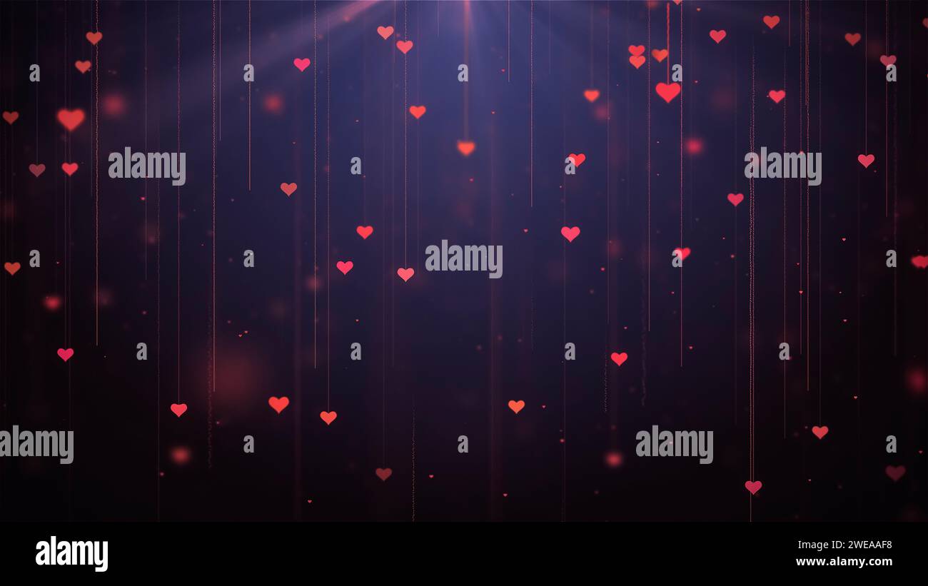 Herz regnet mit hellem Hintergrund. Kleine Herzen für Valentinstag, Muttertag oder Hochzeitsveranstaltungen auf schwarzem Hintergrund. Liebes- und Romantik-Konzept. Stockfoto