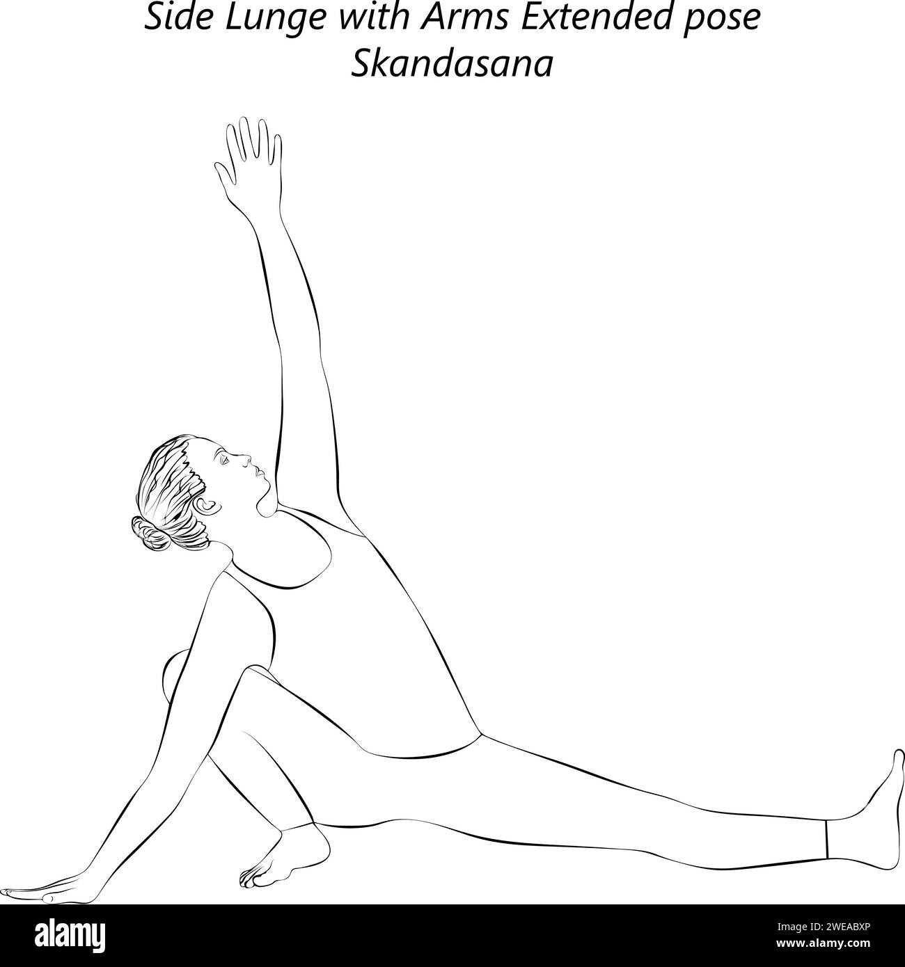 Skizze einer Frau, die Yoga-Skandasana macht. Seitlicher Ausfallschritt mit ausgestreckten Armen. Mittlere Schwierigkeit. Isolierte Vektordarstellung. Stock Vektor