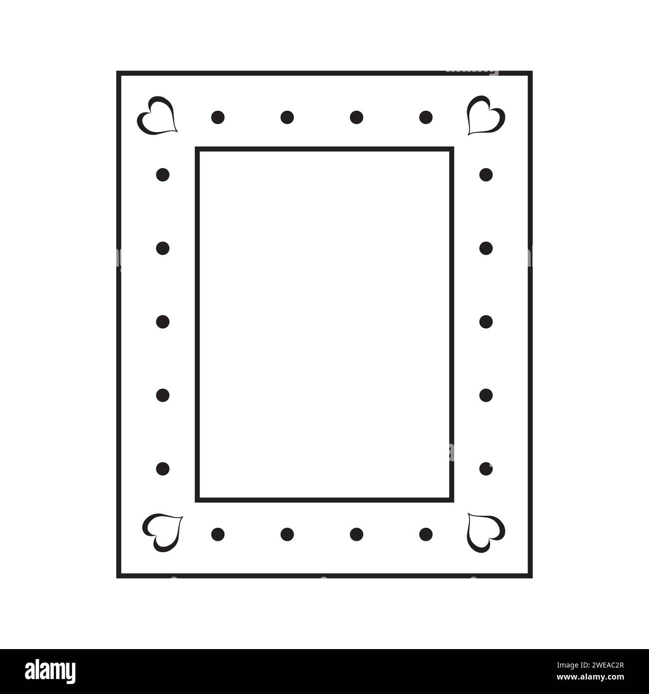 Schwarz-Weiß Hand Gezeichneter Rechteckiger Rahmen Mit Gepunktetem Rand Und Vier Eckherzen Vektor-Illustration Stock Vektor
