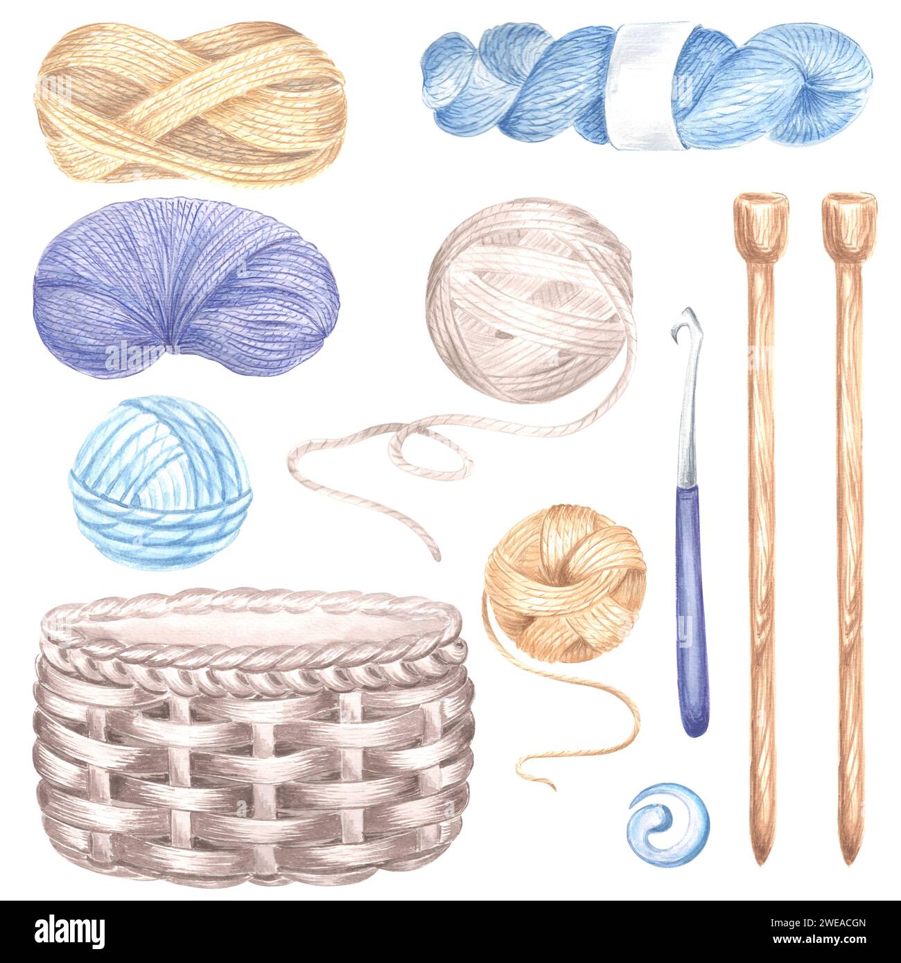 Brauner Korb, Knäuel- und Verwirrgarn, Stricknadeln, Häkelnadel und Knöpfe, Nadeln. Aquarellset isolierte Illustration Hobbystrick Stockfoto