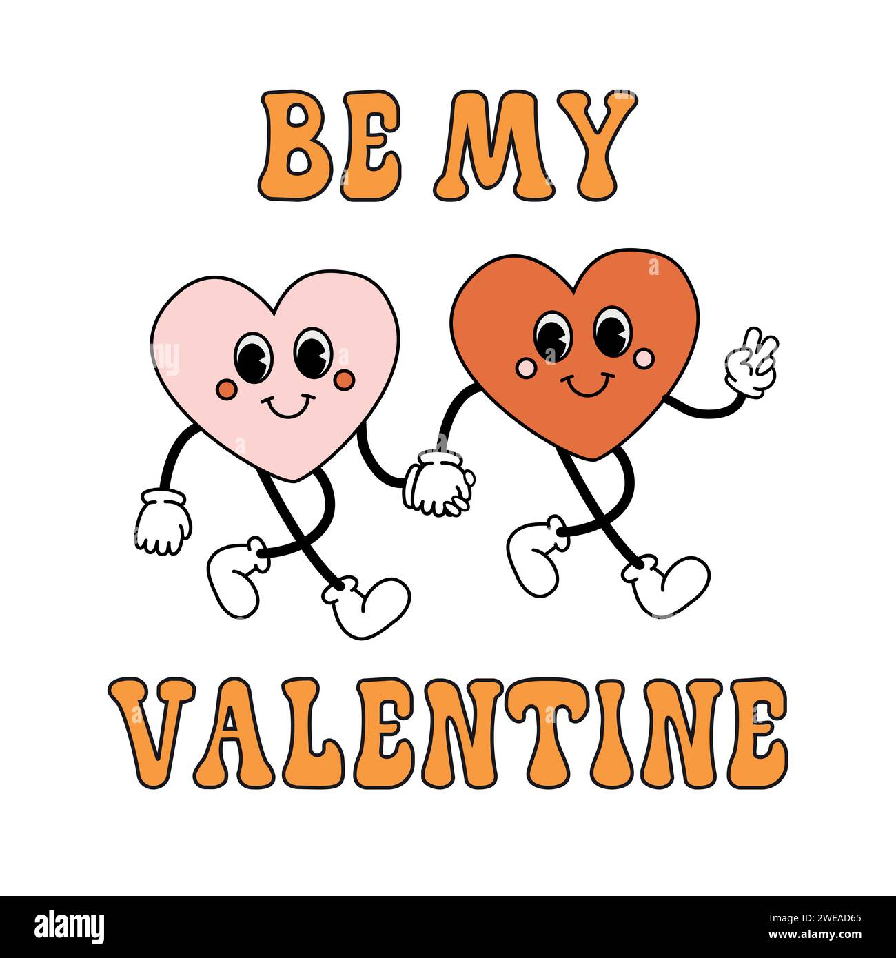 Vektor-groovige Retro-Cartoon-Herzen mit Be My Valentine Text isoliert auf weißem Hintergrund Stock Vektor