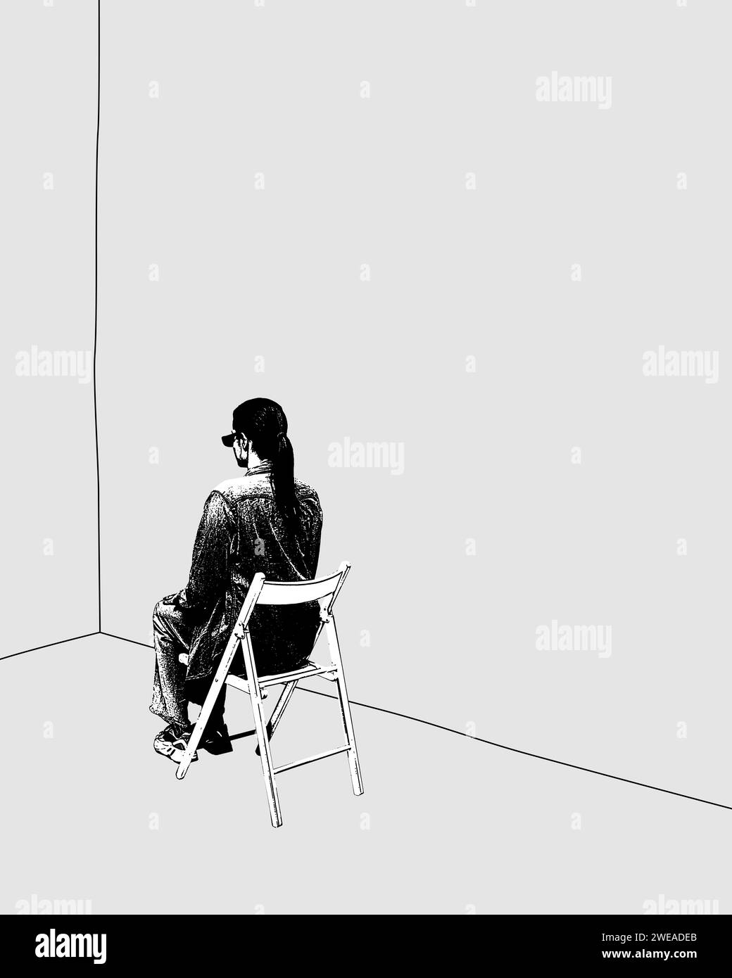 Sensibilisierungskampagne für psychische Gesundheit, die die Wichtigkeit der Alleinzeit hervorhebt. Modernes Design. Monochrome Illustration einer Frau, die auf einem Stuhl sitzt Stockfoto