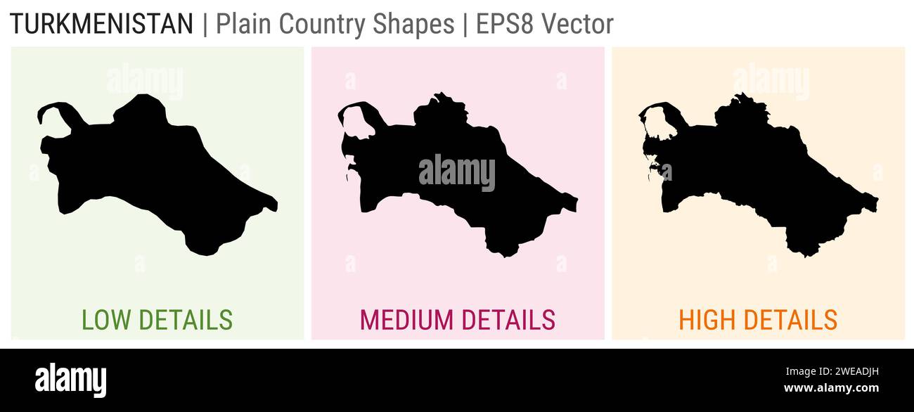Turkmenistan - einfache Landform. Detaillierte Karten von Turkmenistan mit niedriger, mittlerer und hoher Detailtiefe. EPS8 Vektordarstellung. Stock Vektor