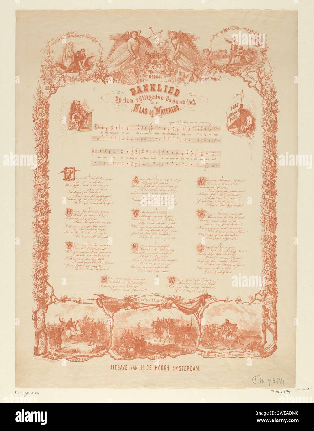 Lied am fünfzigsten Gedenktag der Schlacht von Waterloo, 1865, Johann Wilhelm Frey, nach Johan Coenraad Leich, 1865 Druck Dueklied anlässlich der Feier des fünfzigjährigen Jahrestages der Schlacht am 18. Juni 1865. Zentral die Noten und die elf Couplets des Liedes. Im Bild Momente aus den Schlachten bei Quatre-Bras und Waterloo. An den oberen drei allegorischen Szenen. Druckerei: Netherlandsnach Zeichnung von: Amsterdamprinter: Amsterdampublisher: Amsterdam Paper Battle (+ Landstreitkräfte). Notation von Musik Stockfoto