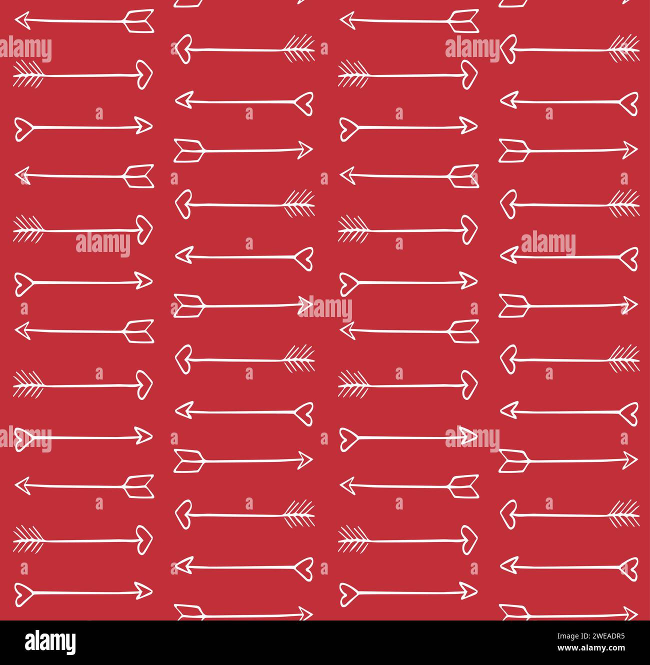 Nahtloses Vektor-Muster der Hand gezeichneten Skizze Valentines Cupid Pfeile isoliert auf rotem Hintergrund Stock Vektor