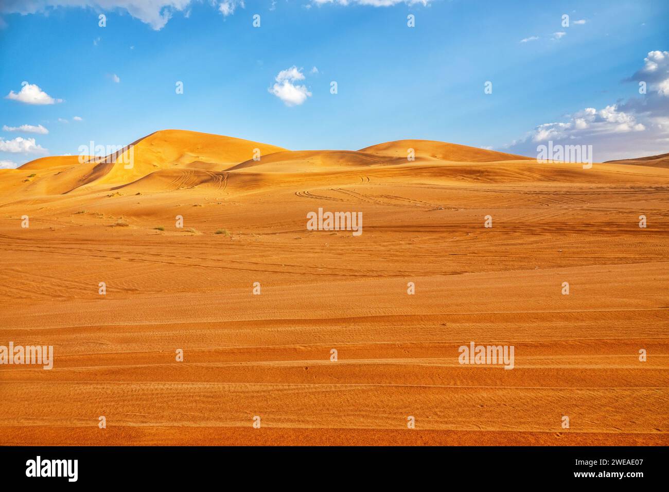 Heiße Wüsten im Südosten der Arabischen Halbinsel. Orangen-Barchan-Düne (Binnensandhügelgebiete, Driftsande) im Januar Stockfoto