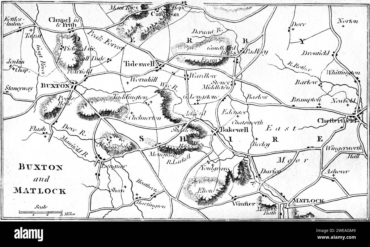 Eine Karte von Buxton und Matlock, Derbyshire UK, gescannt in hoher Auflösung von einem Buch, das 1806 gedruckt wurde. Dieses Bild ist urheberrechtlich frei Stockfoto