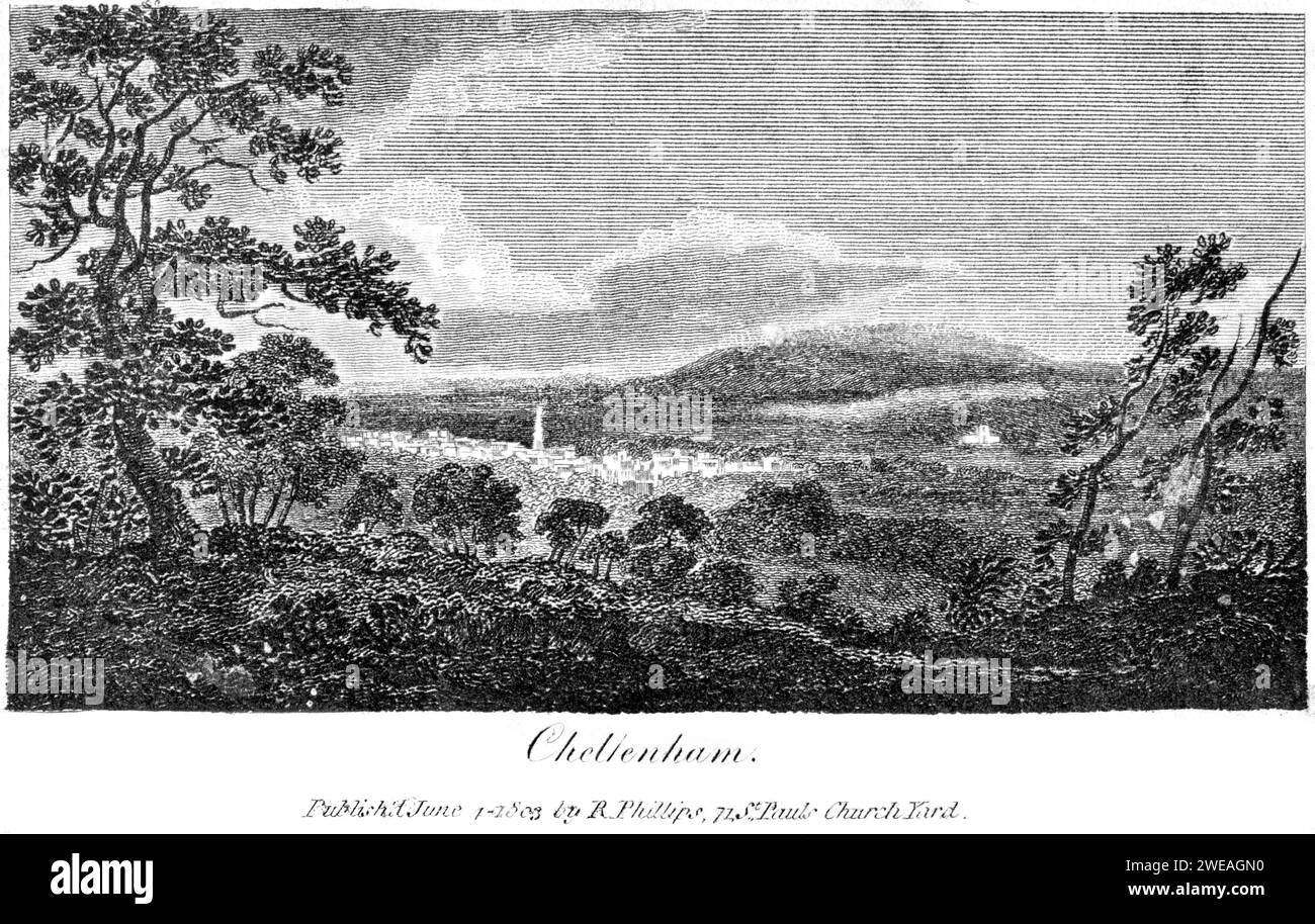 Eine Gravur von Cheltenham, Gloucestershire UK, gescannt mit hoher Auflösung aus einem Buch, das 1806 gedruckt wurde. Urheberrechtlich geschützt. Stockfoto