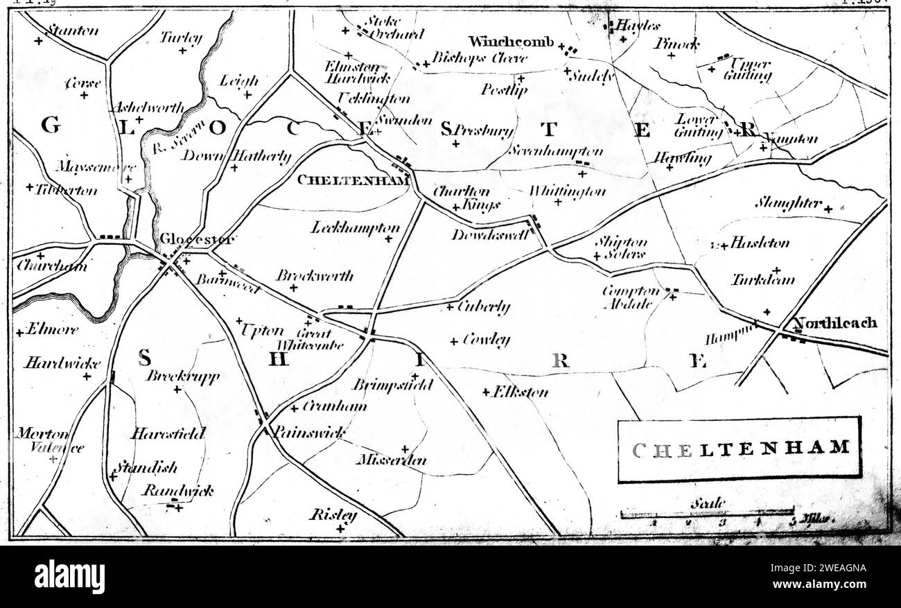 Eine Karte von Cheltenham, Gloucestershire UK, gescannt mit hoher Auflösung aus einem Buch, das 1806 gedruckt wurde. Dieses Bild ist urheberrechtlich frei. Stockfoto