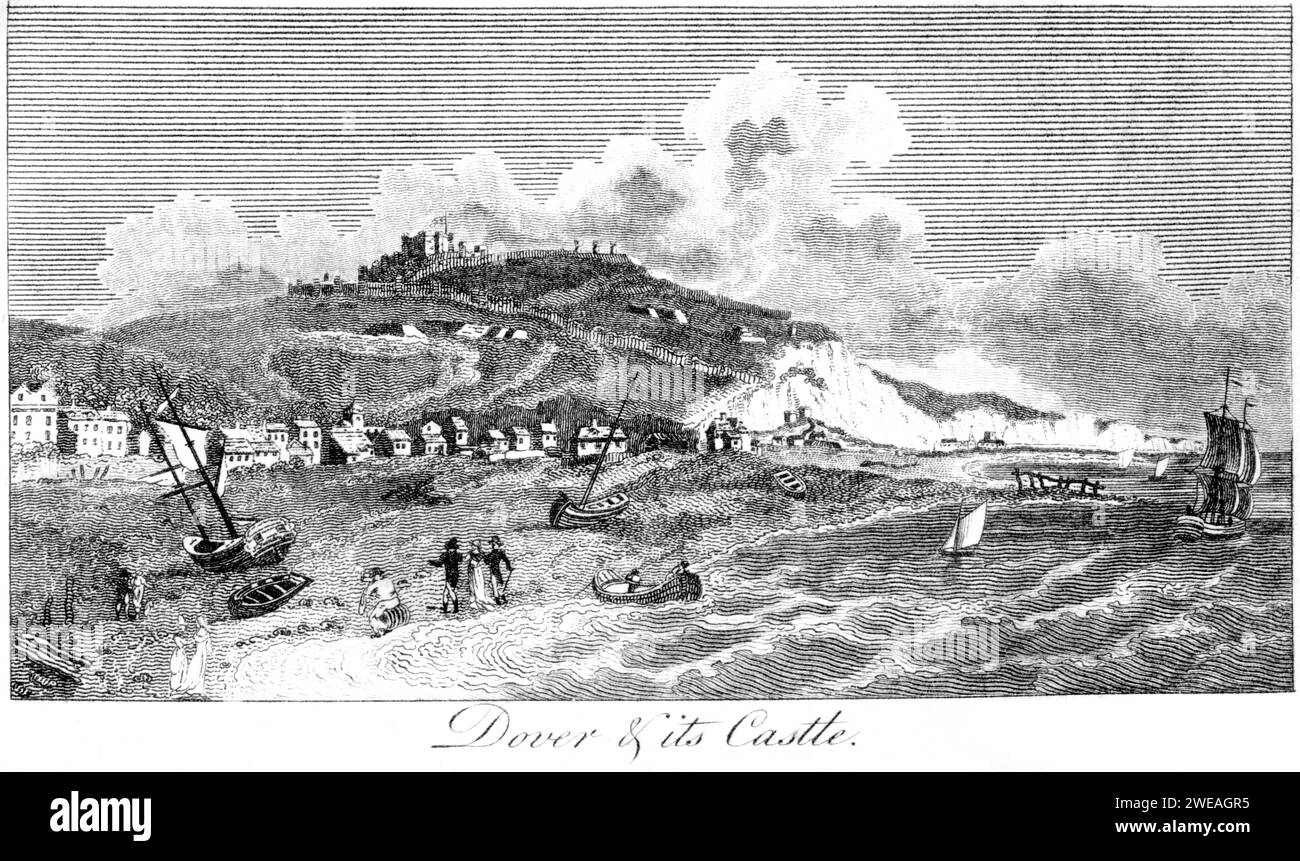 Eine Gravur von Dover & ITS Castle, Kent UK, gescannt in hoher Auflösung aus einem 1806 gedruckten Buch. Dieses Bild ist urheberrechtlich frei. Stockfoto