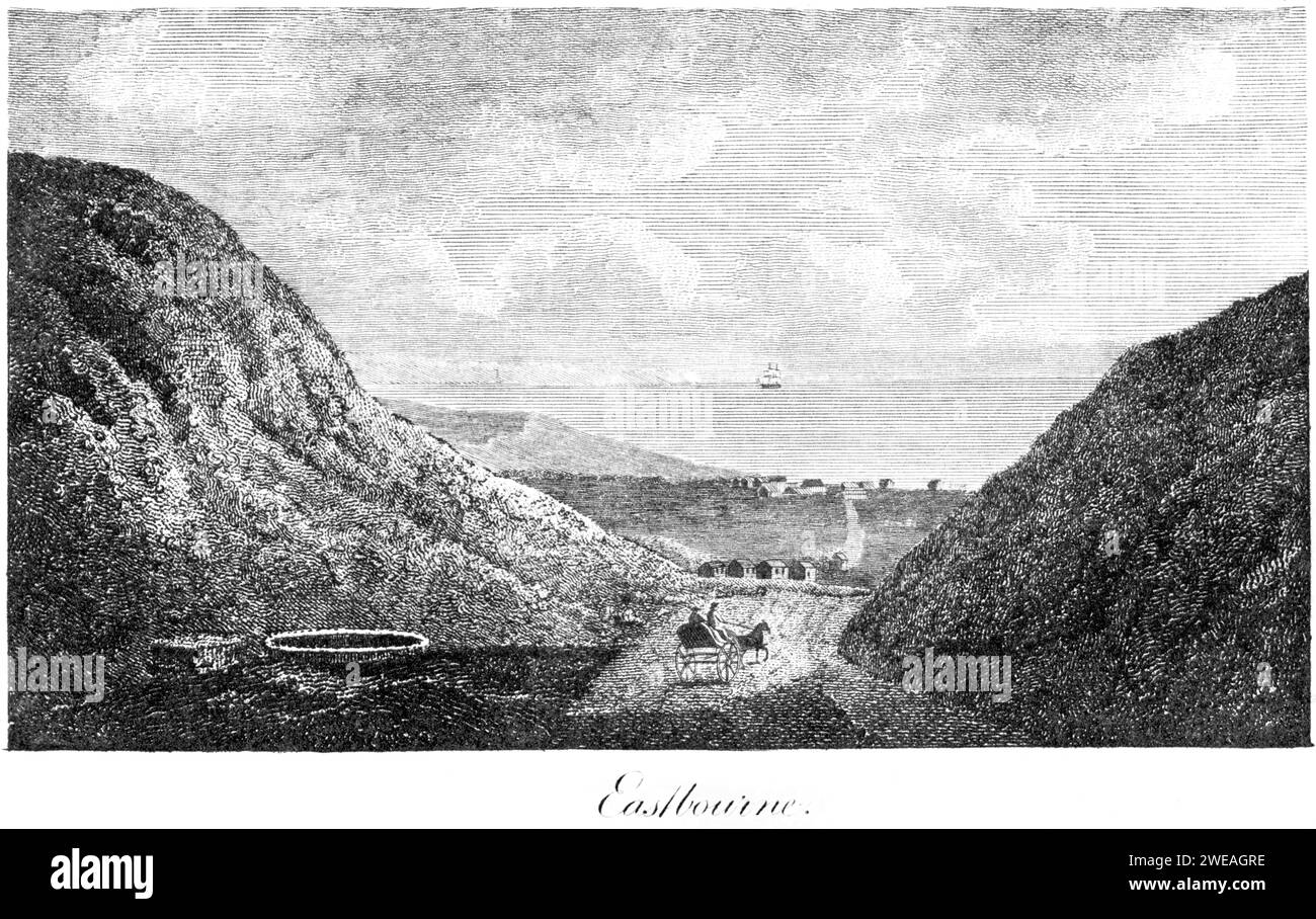 Eine Gravur von Eastbourne, Sussex UK, gescannt mit hoher Auflösung aus einem 1806 gedruckten Buch. Dieses Bild ist urheberrechtlich frei. Stockfoto