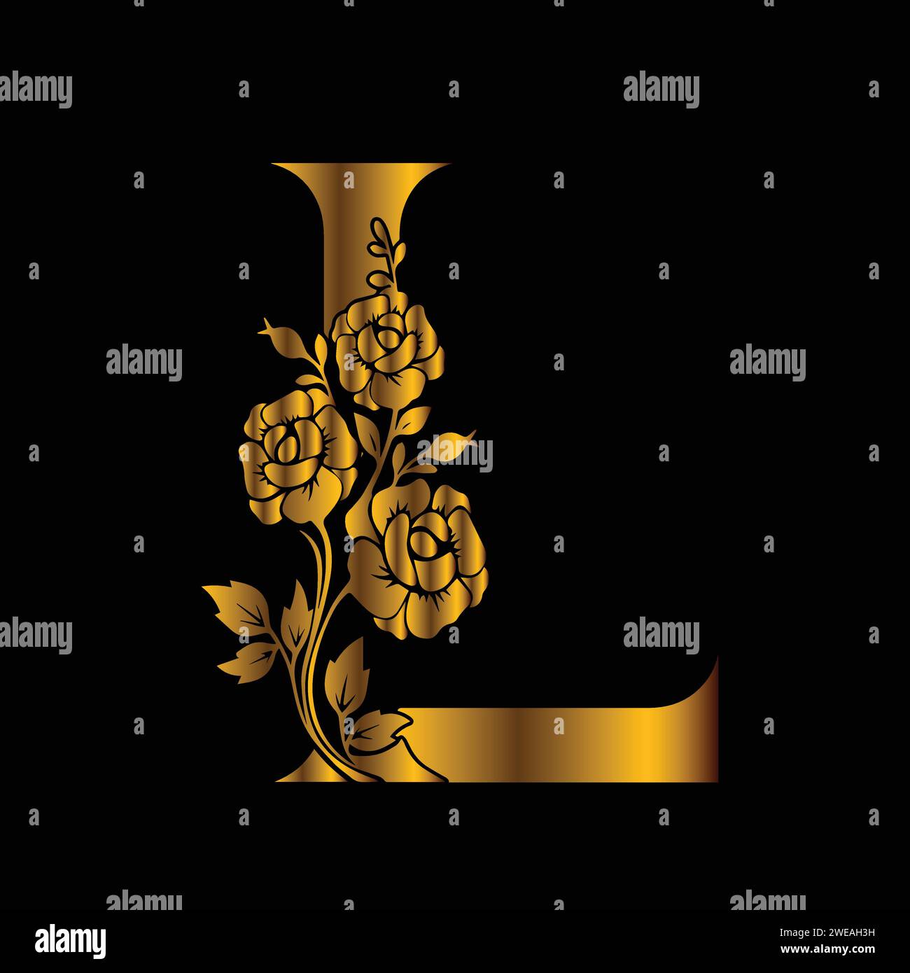Einzelner Buchstabe Blumendekoration Kunst in goldener Effekt Vektor Illustration Stock Vektor