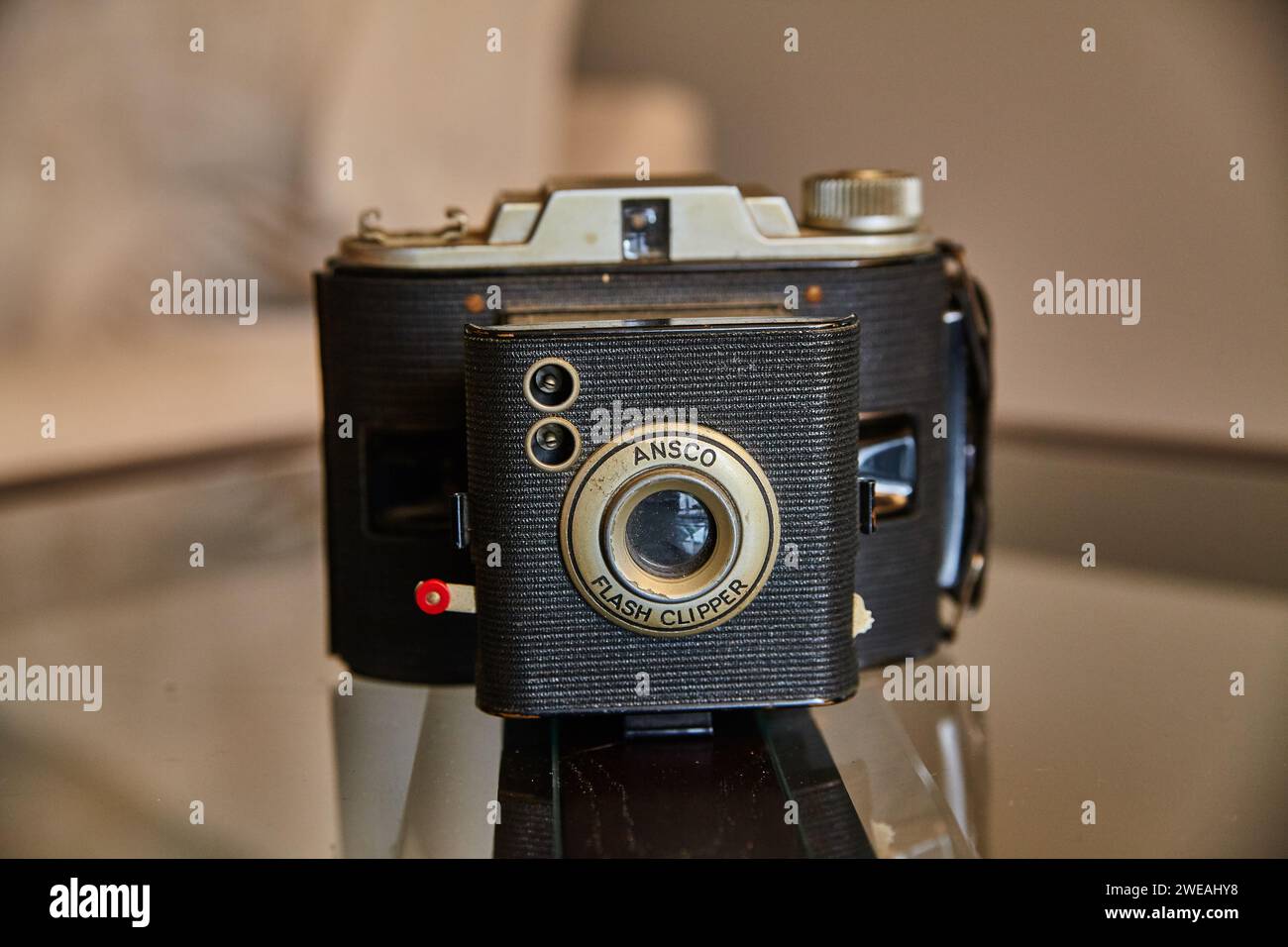 Vintage ANSCO Flash Clipper Kamera auf reflektierender Oberfläche Stockfoto