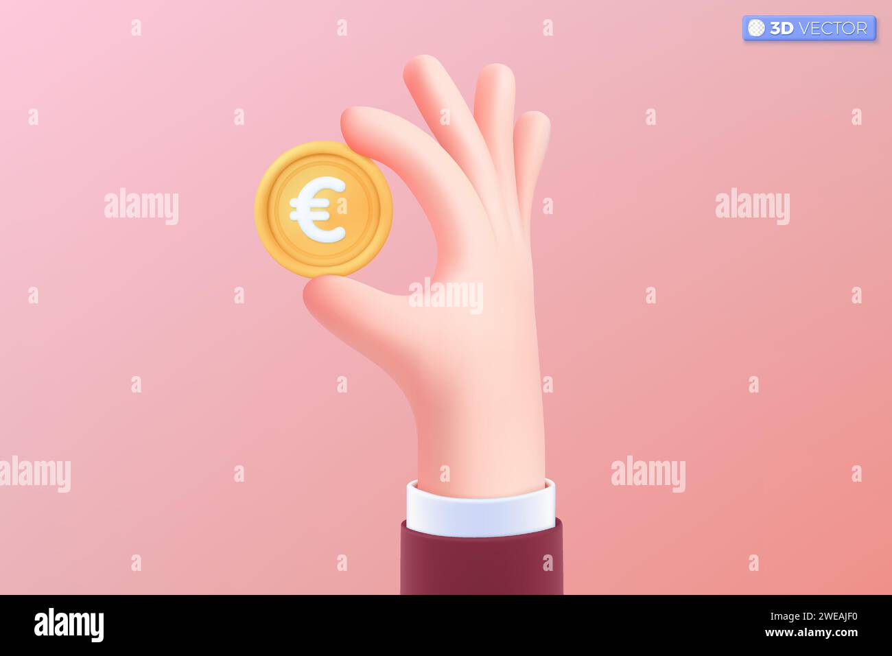 3D realistische Hand und Symbol für Euro-Goldmünzen. Geld Bargeld, Währungszeichen, Investition, Gewinn oder Gewinn, Finanz- oder Casino-Konzept. 3D-Vektor isoliert Stock Vektor