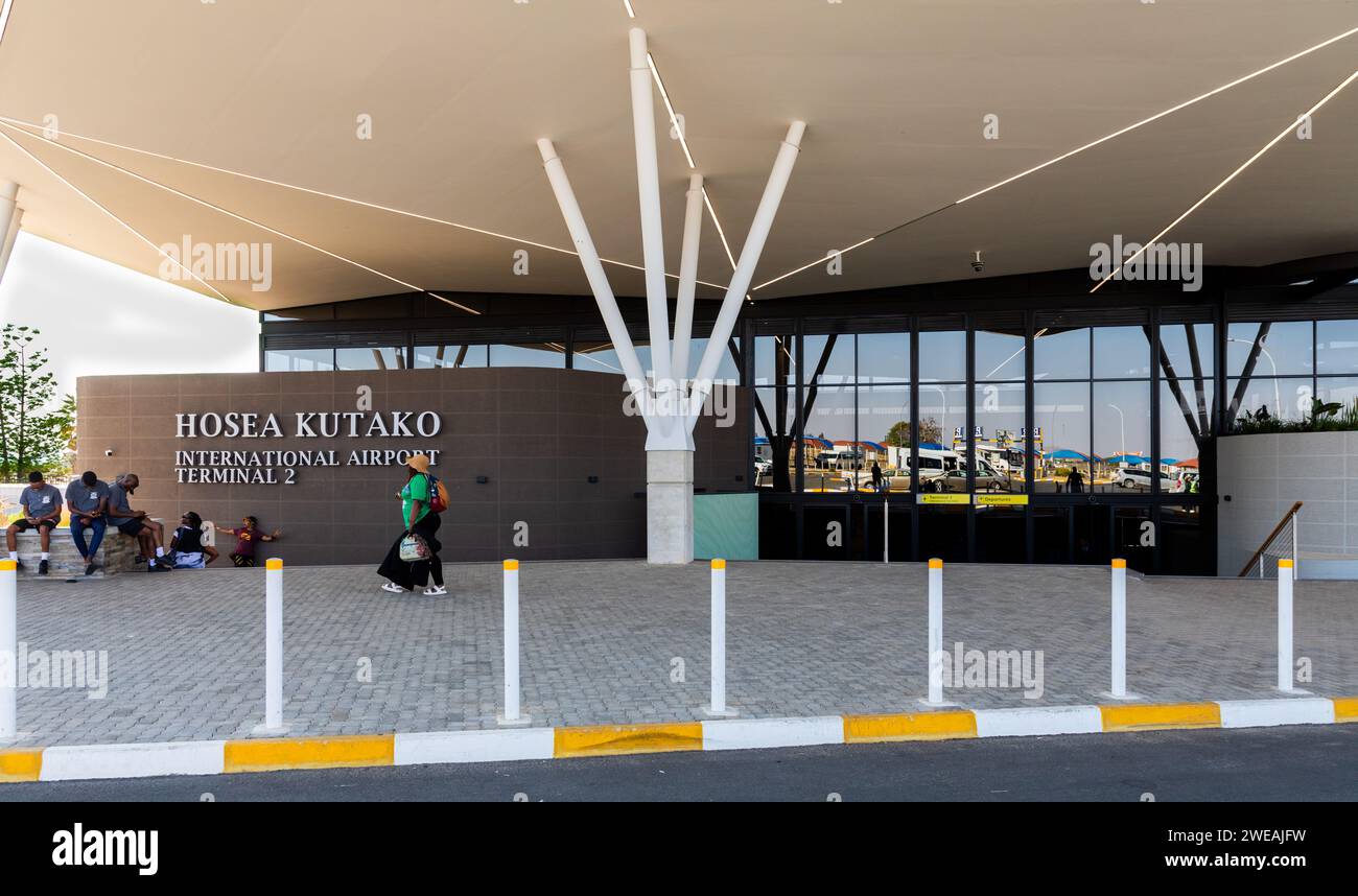 Windhoek, Namibia   4. Oktober 2023: Eingang zum Hosea Kutako, dem wichtigsten internationalen Flughafen der Hauptstadt Namibias, Windhoek, 45 km westlich. Stockfoto