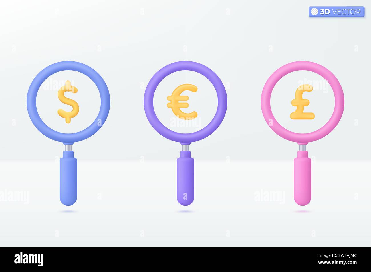 Lupe. Suche, Entdeckung, Detailsuche, Forschung, Analysekonzept. 3D Vektor isoliertes Illustrationsdesign. Cartoon Pastell Minimal Stil Stock Vektor