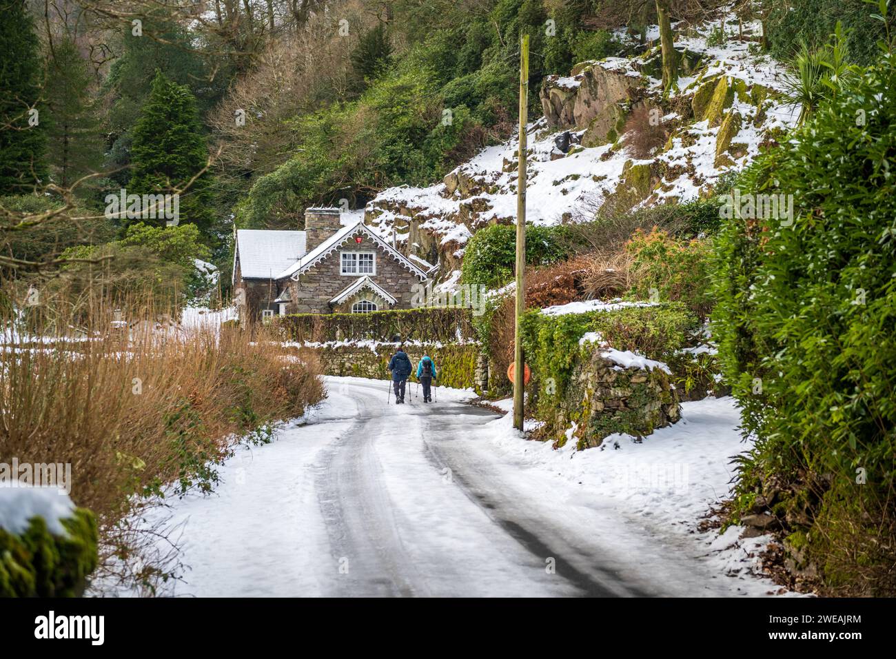 Spaziergänger im Schnee in und um Grasmere Village Cumbria North West England Großbritannien Stockfoto
