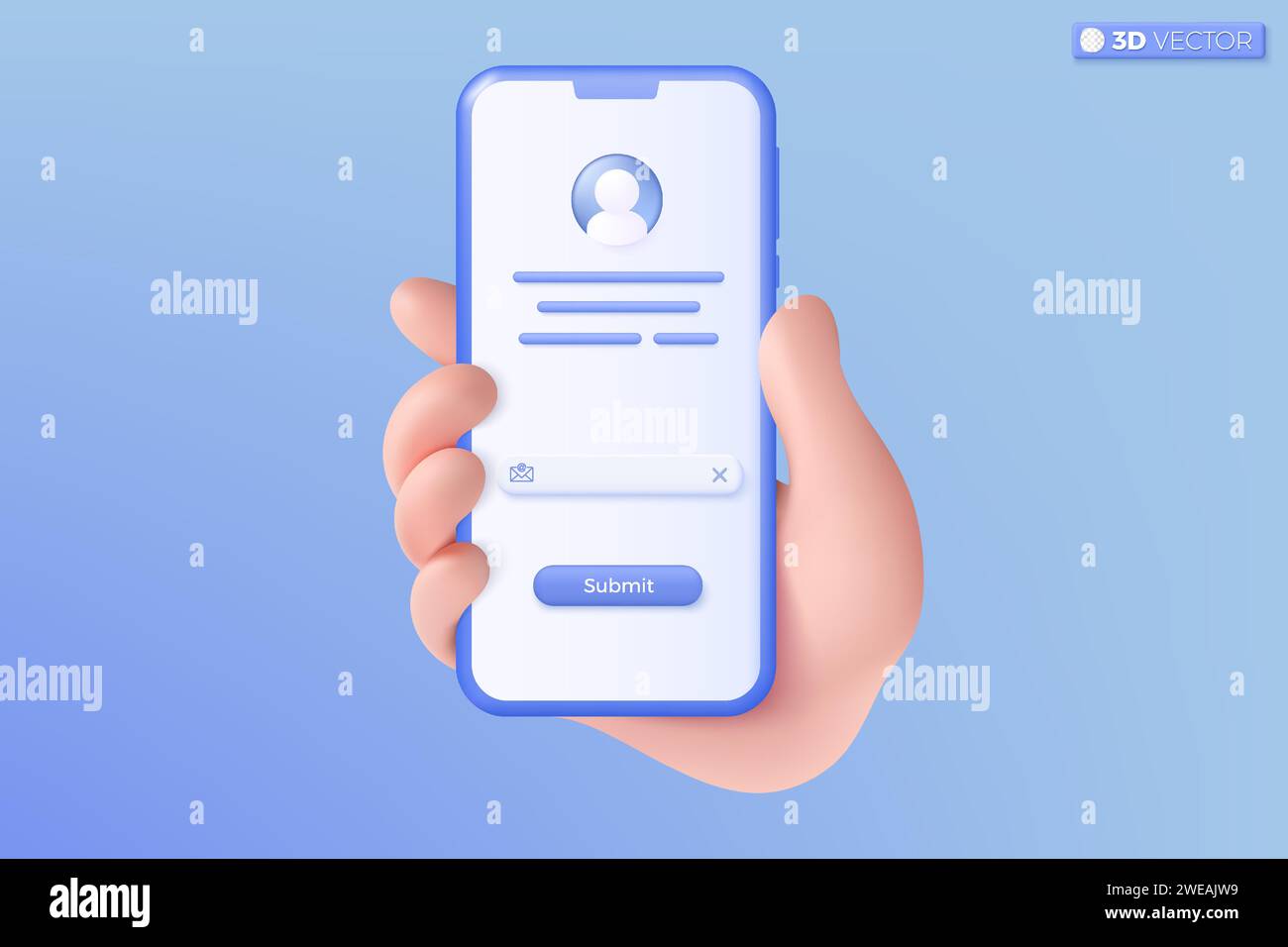 3D-Handheld-Mobiltelefon. Newsletter und Werbeaktionen abonnieren. Einladung zur Teilnahme an der Kundensensibilität. E-Mail-Business-Marketing-Konzept. 3D-Vect Stock Vektor