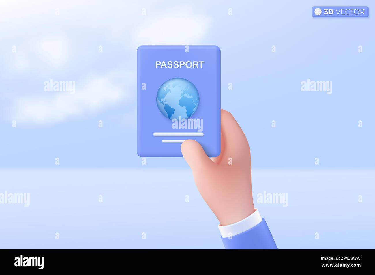 Symbol für 3D-Hand- und Passbuch. Urlaub, Urlaub, Sicherheit, Transport, internationale Reisen und Tourismus, modernes Konzept. 3D-Vektor isoliert Stock Vektor