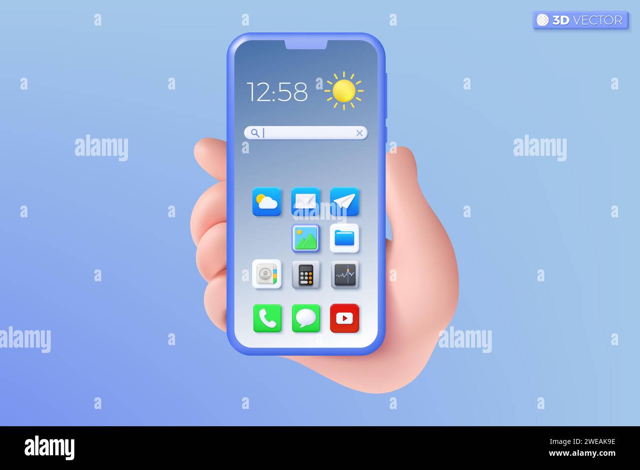 Symbol für die 3D-Handhaltung des Mobiltelefons. Realistisches Smartphone mit leerem Bildschirm, Telefonmodell. Konzept der mobilen Vorlage für bearbeitbare Geräte. 3D-Vektor-iso Stock Vektor
