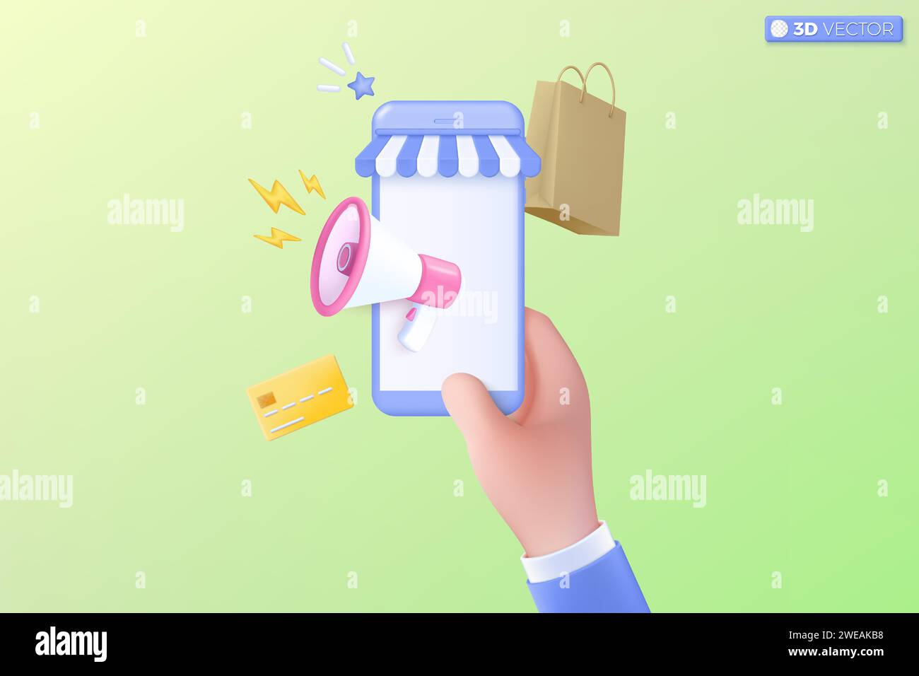 3D-Megaphon-Lautsprecher mit Lightning-Symbol. Lautsprecher kündigen Rabattaktion an, verkaufen reduzierte Preise, Einkaufszeitkonzept. 3D-Vektorisolat Stock Vektor
