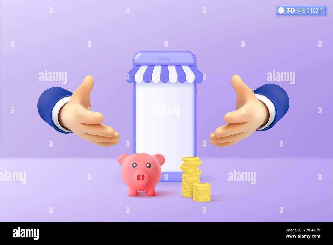 Symbol für 3D-Hand und Schweinebank. Gewinn und Wachstum, Münzen und Mobiltelefone. Geldaufbewahrung, Online-Shopping-Business-Konzept. 3D-Vektor isoliert krank Stock Vektor