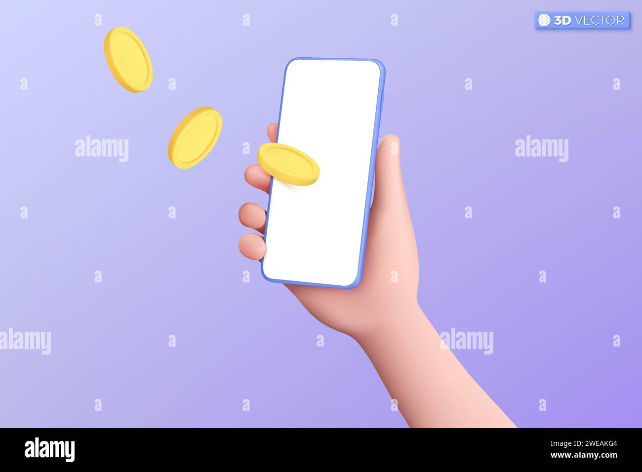 3D-Handheld-Smartphone und schwimmendes Symbol für Goldmünzen. Präsentation anzeigen, Bargeld, Geld sparen, Geschäft, Finanzen, modell-Konzept. 3D-Vektor ist Stock Vektor