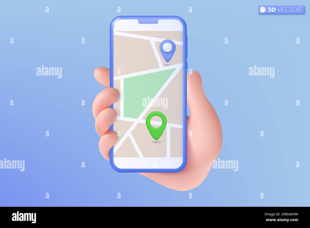 3D-Handgriff, der das Mobiltelefon mit dem Symbol für das Kartensymbol in der Hand hält. Lieferverfolgung, Standort, Ziel, gps-Kartennavigationskonzept. 3D-Vektor-iso Stock Vektor