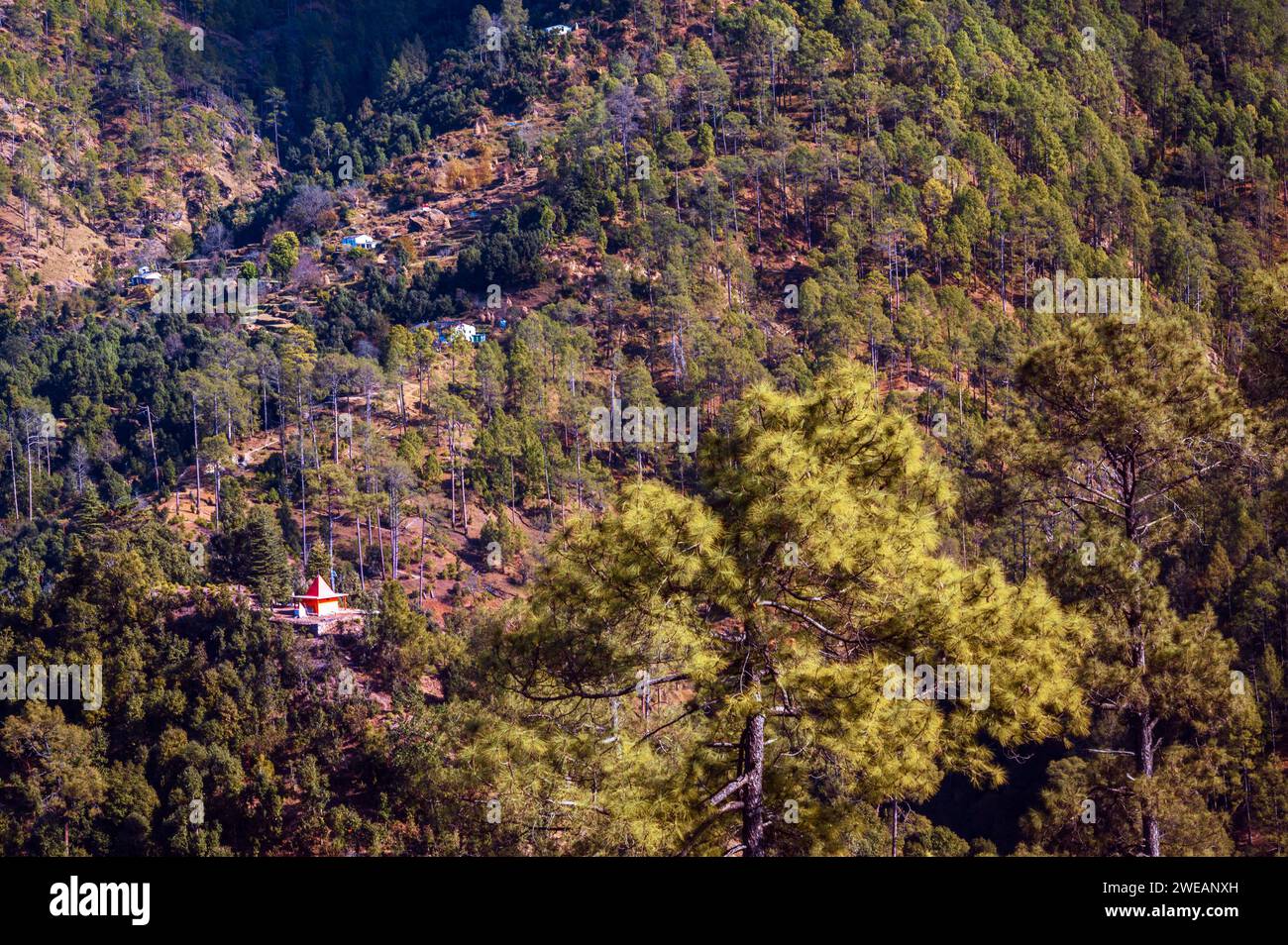 Landschaft mit Bergen. Malerisches Dorf in den Hügeln des Himalaya, Region Kumaun, Uttarakhand, Indien, Stockfoto