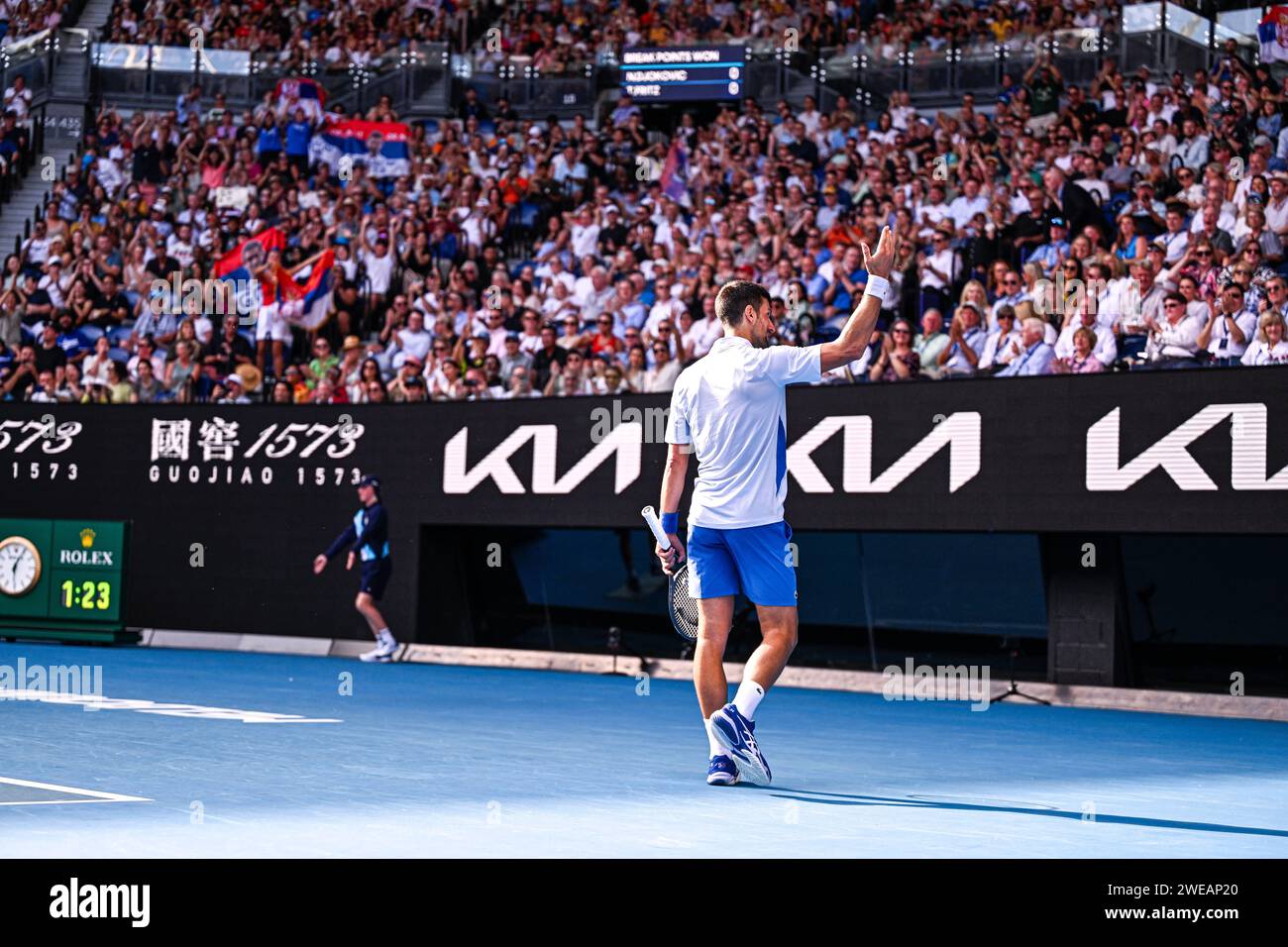 Paris, Frankreich. Januar 2024. Novak Djokovic aus Serbien während des Grand Slam-Tennisturniers der Australian Open 2024 am 23. Januar 2024 im Melbourne Park in Australien. Quelle: Victor Joly/Alamy Live News Stockfoto