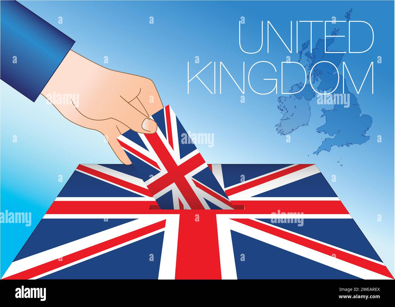 Vereinigtes Königreich, Wahlurne mit Nationalflagge und Karte, Vektorillustration Stock Vektor