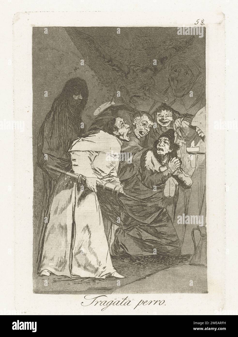 Schlucken, Hund, Francisco de Goya, 1797 - 1799 drucken Sie Einen Mönch mit einer großen Spritze. Drei andere Mönche halten einen bettelnden Mann. Dahinter eine Eule und zwei Proben. 58 Drucke aus der Los Caprichos-Serie. Spanien Papierätzung / Trockenspitze Mönch(e), Mönch(e). Injektion  Medizin Stockfoto