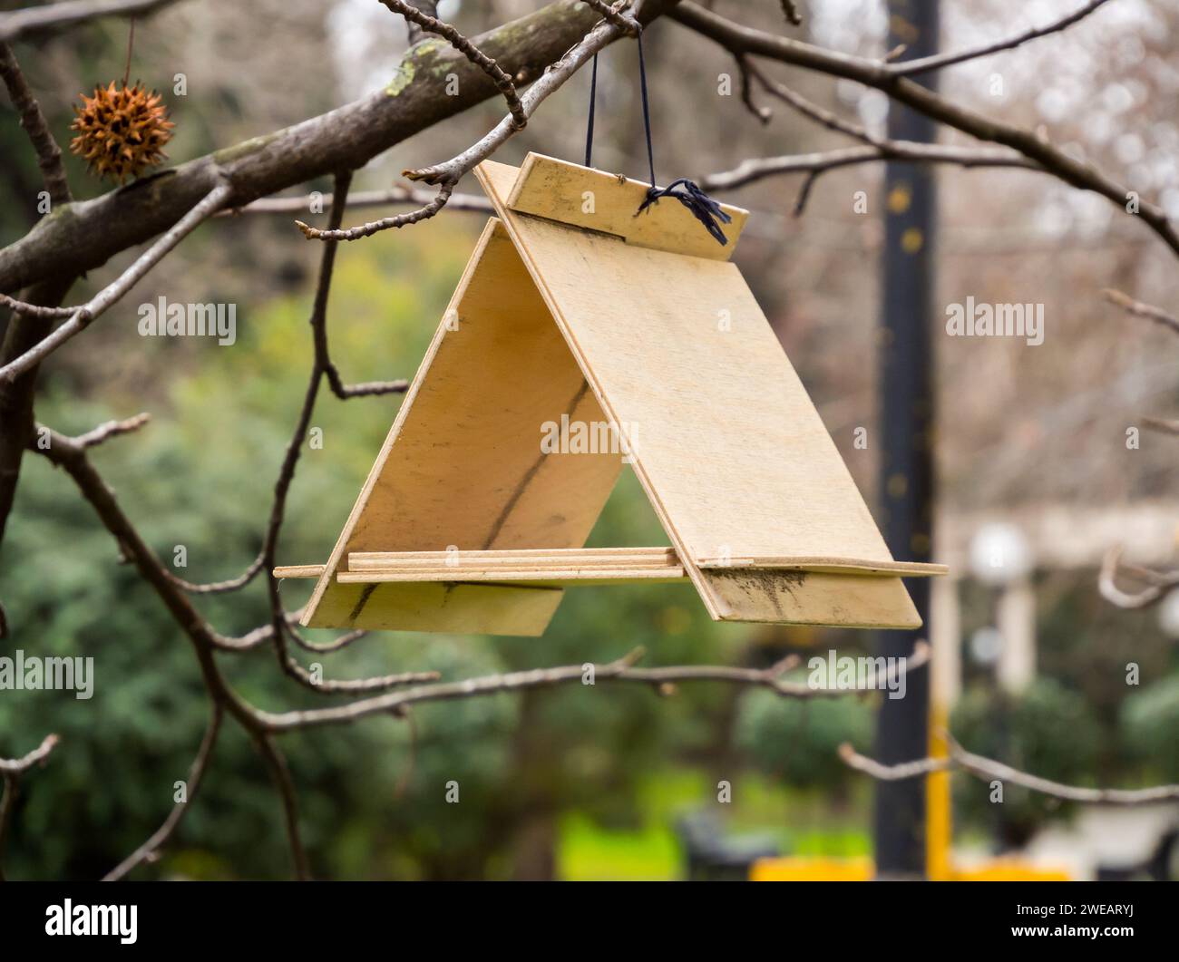 Eine einfache dreieckige Vogelfutteranlage aus drei Planken Stockfoto