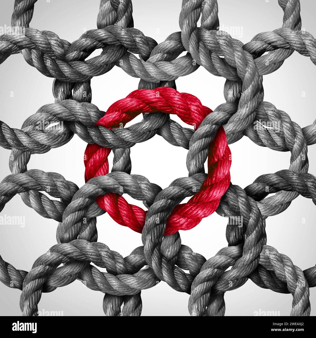 Zentrales Verbindungskonzept und Vernetzung oder Schlüsselnetzverbindung als Geschäftsmetapher mit einer Gruppe von Kreisseilen, die mit einer roten Seilschlaufe verbunden sind Stockfoto