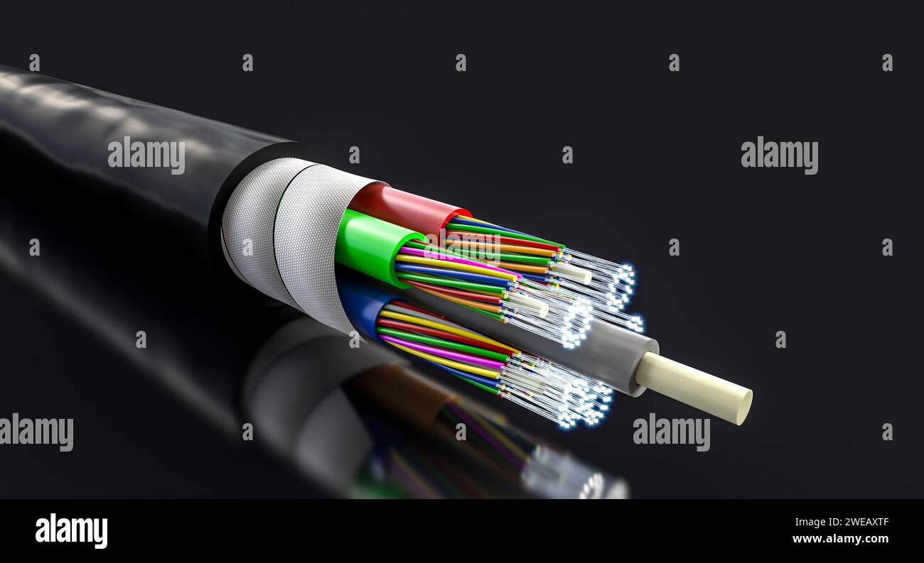 Glasfaserkabel auf schwarzem Hintergrund. 3D-Rendering Stockfoto