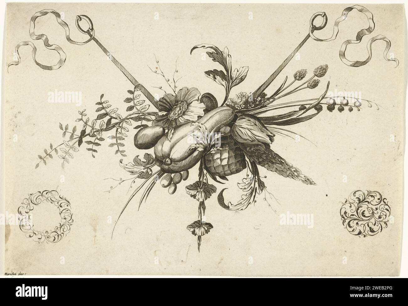 Festoen mit Blumen, Blättern und Früchten, anonym, nach Friedrich Jacob Morisson, 1699 Druck das Festival hängt an einem Band. Unten und unten rechts befinden sich eine runde Kante und eine Rosette, die vollständig aus stilisierten Laubstöcken besteht. Druckerei: Deutschland (evtl.) nach Entwurf: GermanyVerlag: Wiener Papierätzung Stockfoto