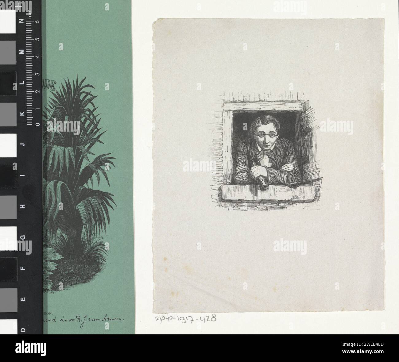 Mann lehnt sich mit einem Monokular aus einem Fenster, Rombertus Julianus van Arum, 1822 - 1883 Amsterdamer Papier drucken Stockfoto