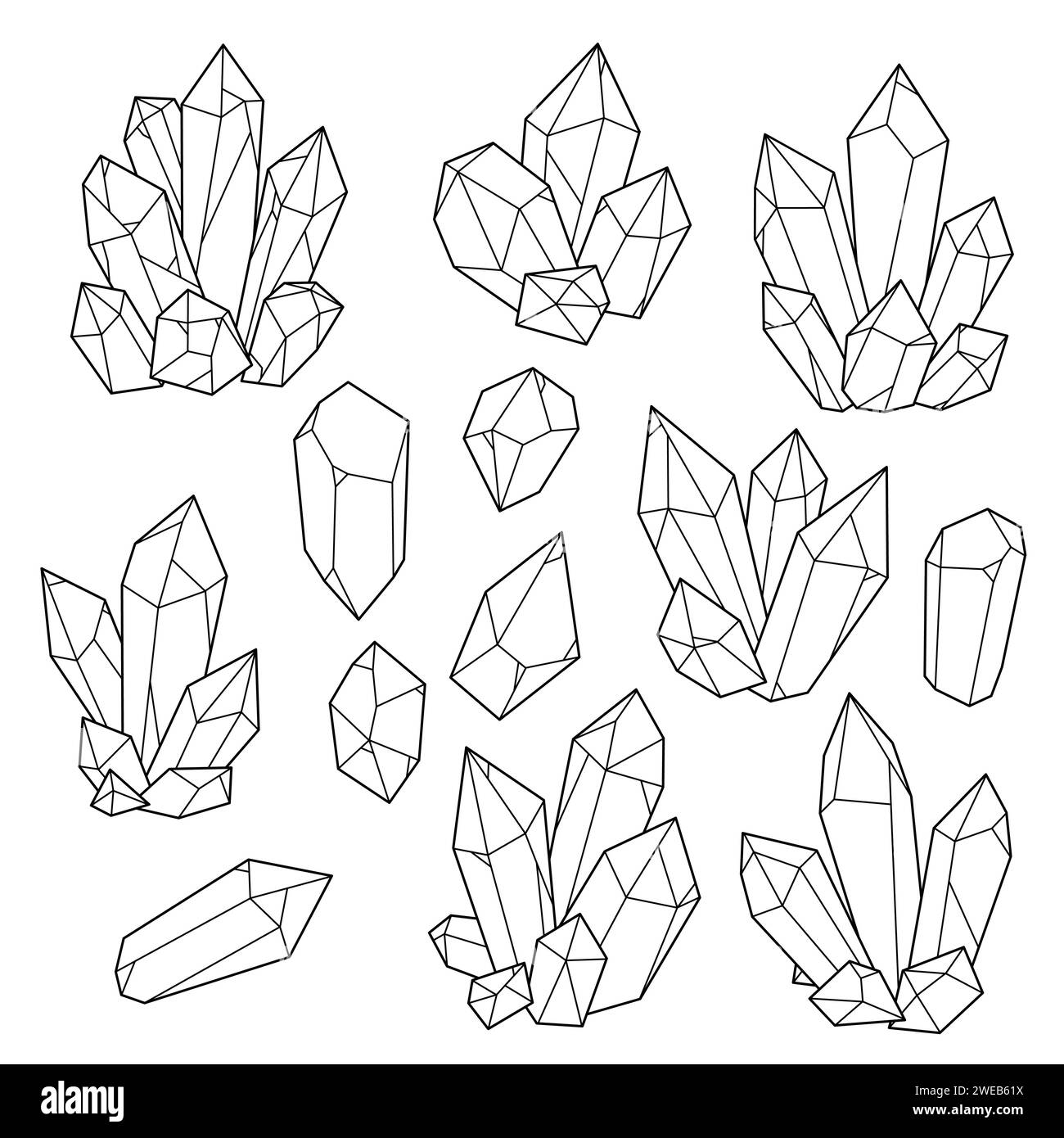 Kristalle, Edelsteine, Mineralien, Satz monochromer Vektorlinien und Zeichnungen Stock Vektor