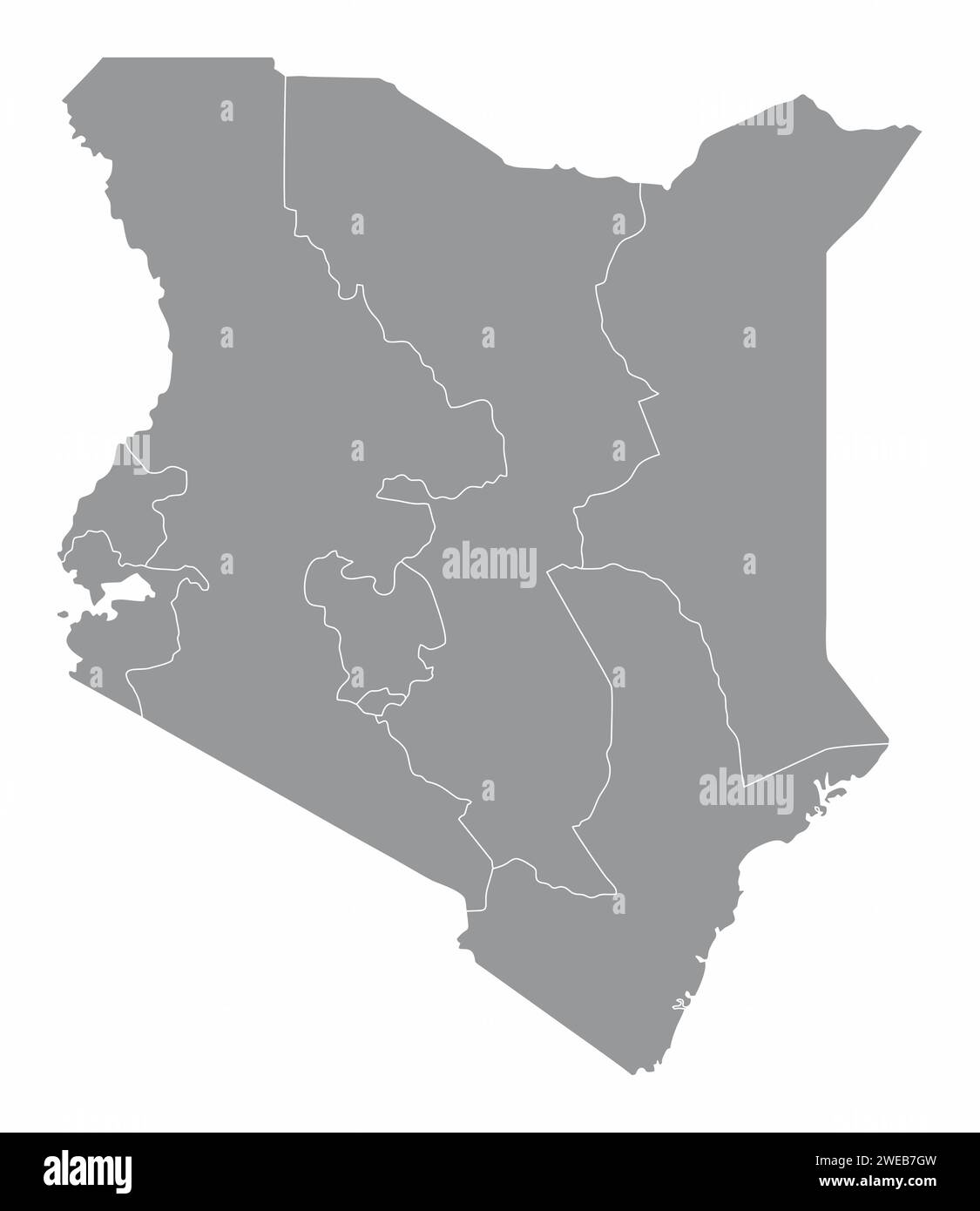 Kenia kartografiert Regionen auf weißem Hintergrund Stock Vektor
