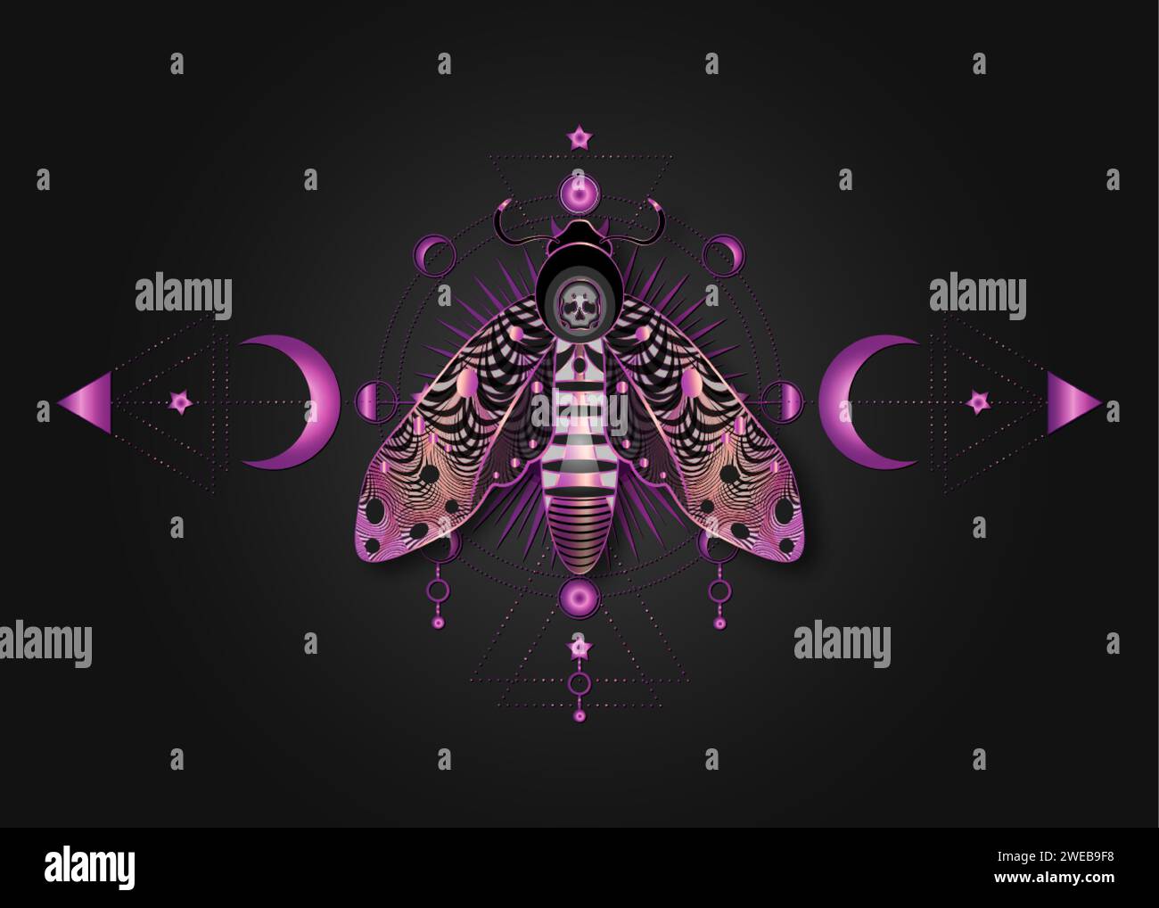 Die Totenkopfmotte auf der Heiligen Geometrie. Nachtmystischer Schmetterling mit Schädel- und Mondphasen. Lila Luxusvektor-Illustration des himmlischen LOGOS Stock Vektor