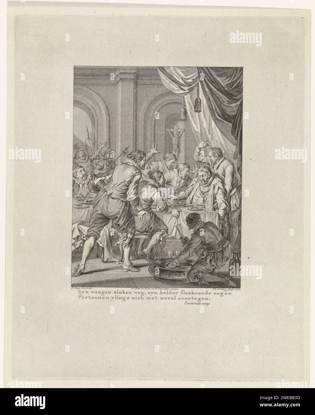 Tod von Requesens, 1576, Theodoor Koning, nachdem Jacobus kauft, 1782 Druck der spanische Armeekommandant und Gouverneur der Niederlande Requesens stirbt unerwartet am Tisch während eines Banketts in Brüssel am 5. März 1576. Männer, die um ihn herum Angst hatten und Gesten machen wollten. Dieser Druck ist Teil einer Serie von 24 Drucken mit Szenen aus dem Leben von Prinz Willem I., 1568-1584 und ist eine Illustration im 16. Gesang. Amsterdamer Papierstich-Färbung. Altarkreuz, Crucifix Brüssel Stockfoto