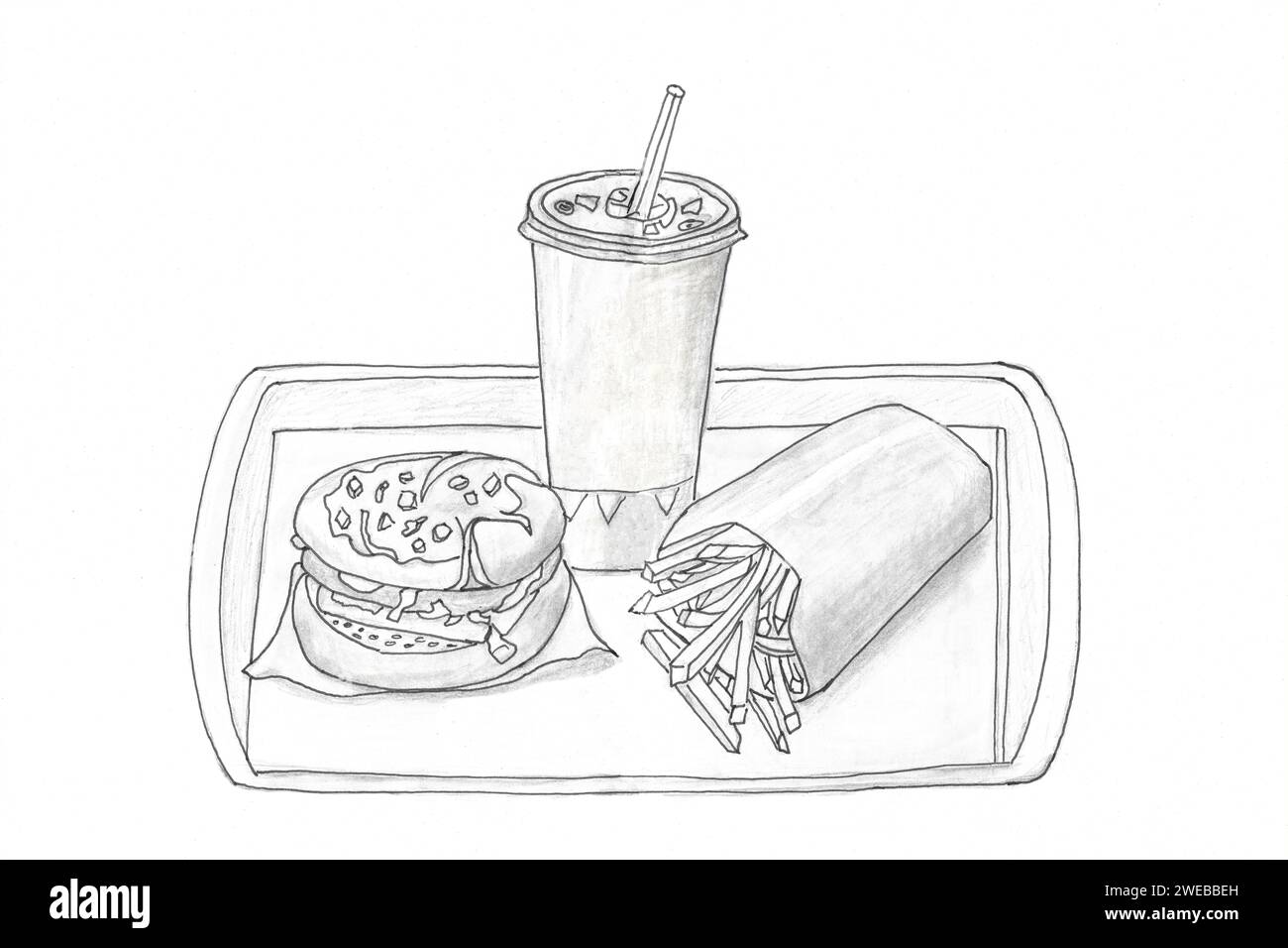 Abstrakte primitive Zeichnung des Fast-Food-Konzepts. Gamburger, Drink und Pommes frites. kugelschreiberskizze. Vereinfachtes Zeichnen zum Üben, Vorführen Stockfoto
